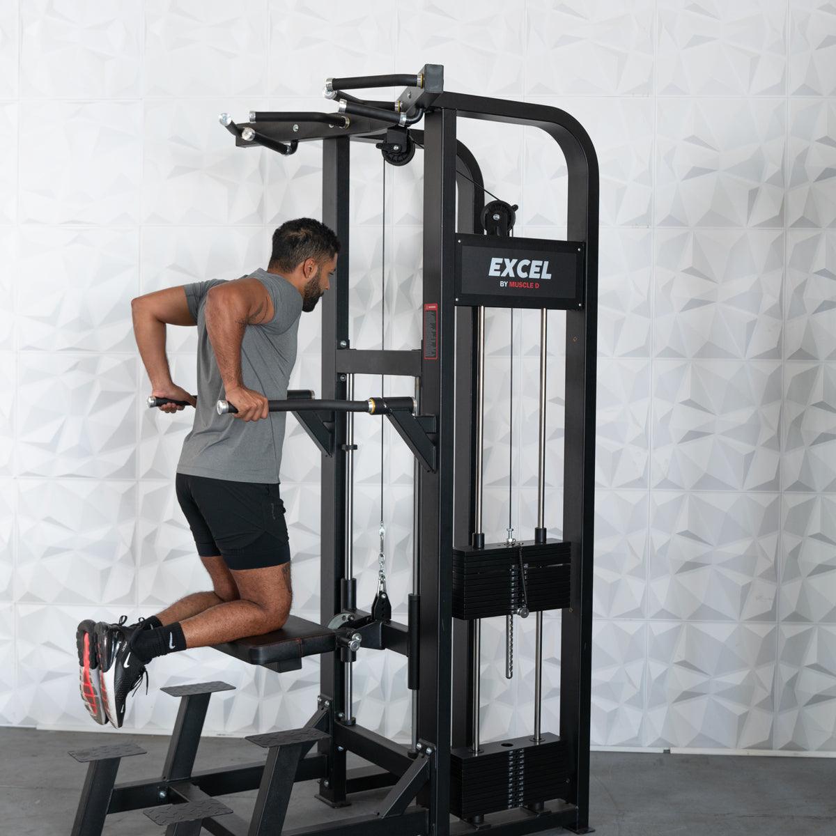 Excel Selectorized Assisted Chin / Dip Combo - Functional Handles - Collapsable Knee Pad - Adjustable Width Dip Bars - Grit Grind Strength