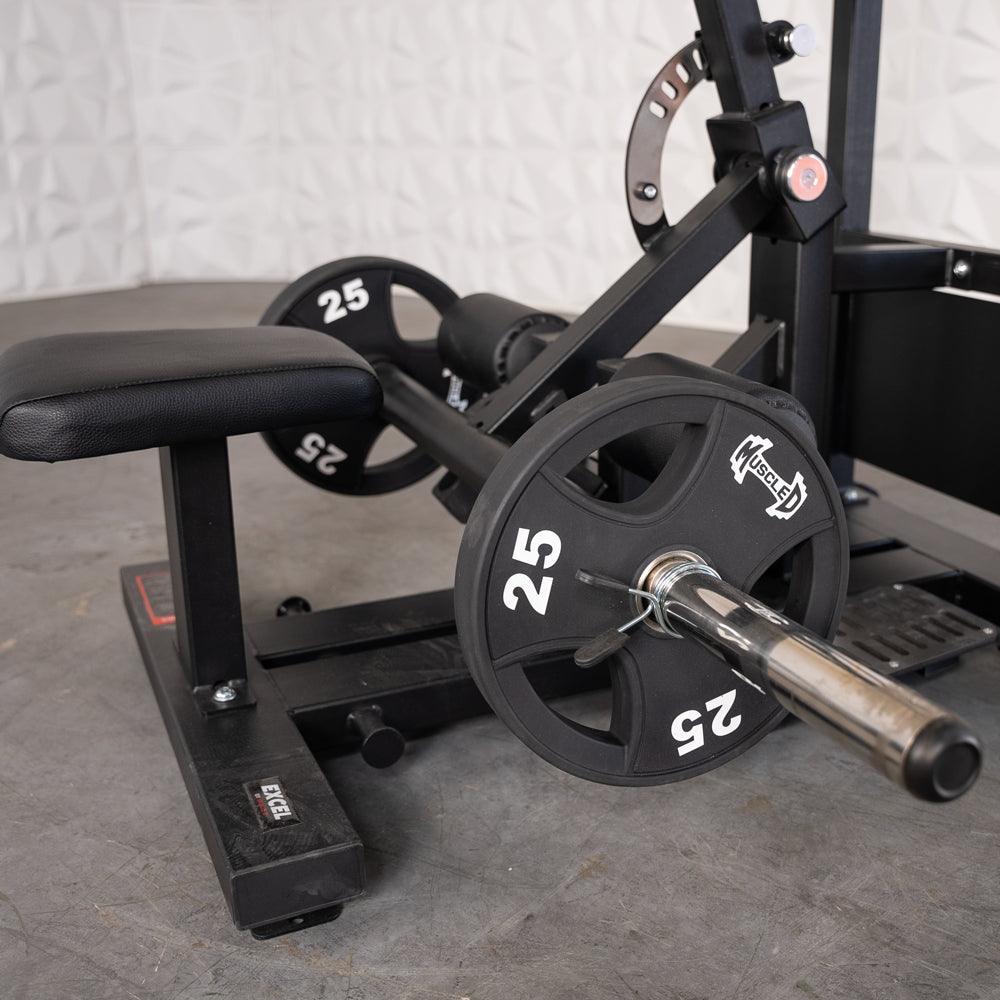 Excel Standing Hip Thrust - Muscle D Fitness - Plate Load Extension - Band Compatible - Adjustable Pads - Grit Grind Strength