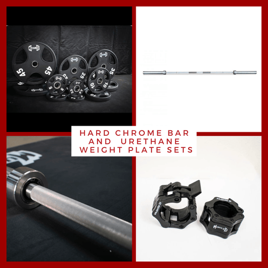Hard Chrome Olympic Bar and Olympic Urethane Weight Plate Sets - Grit Grind Strength