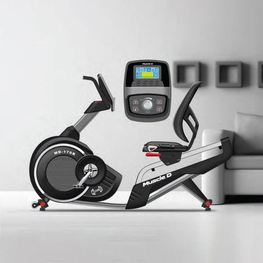 Light Commercial Recumbent Bike - Muscle D Fitness - LED Display - Heart Rate Monitor - Adjustable Seat - On Wheels for Easy Movement - Grit Grind Strength