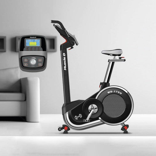 Light Commercial Upright Bike - Muscle D Fitness - LED Display - Heart Rate Monitor - Adjustable Seat - On Wheels for Easy Movement - Grit Grind Strength