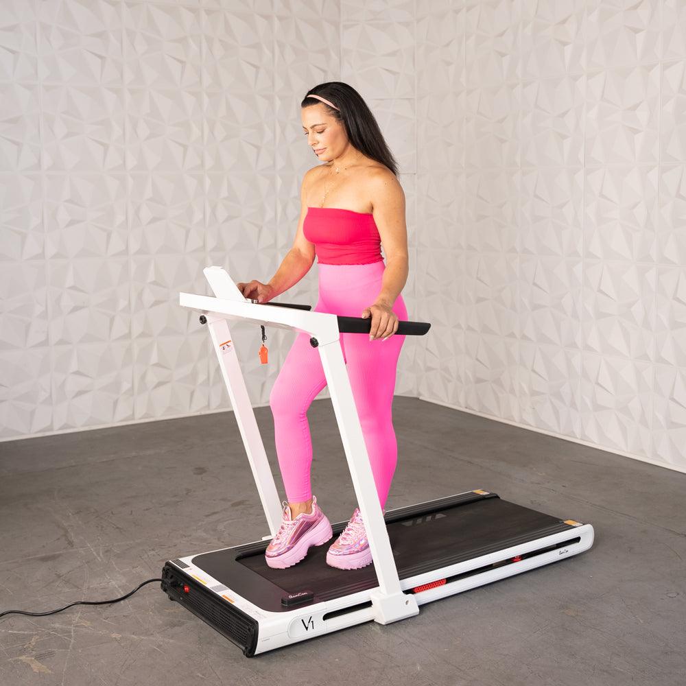 Low Profile Treadmill - Muscle D Fitness - LED Display - Heart Rate Monitor - Flex Deck for Low Impact - Adjustable Speed - Phone / Tablet Holder - Grit Grind Strength