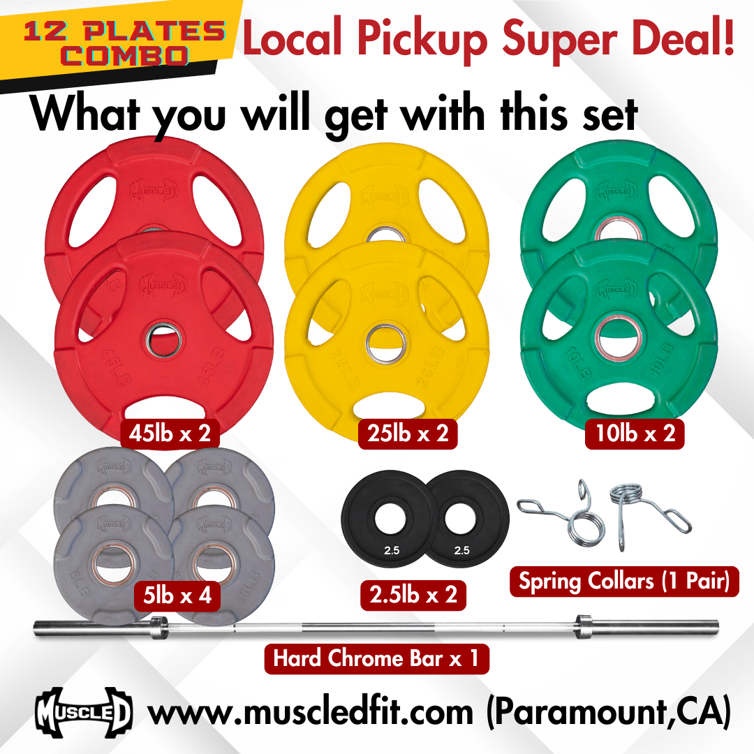 Muscle D 12 Olympic Plates + Bar + Spring Collars - Local Pick Up Only Deal(Paramount,CA) - Grit Grind Strength