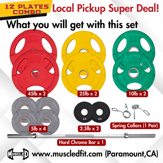 Muscle D 12 Olympic Plates + Bar + Spring Collars - Local Pick Up Only Deal(Paramount,CA) - Grit Grind Strength