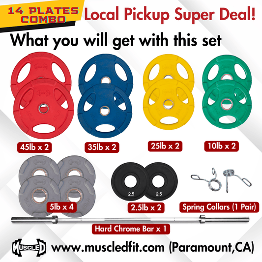 Muscle D 14 Olympic Plates + Bar + Spring Collars - Local Pick Up Only Deal(Paramount,CA) - Grit Grind Strength