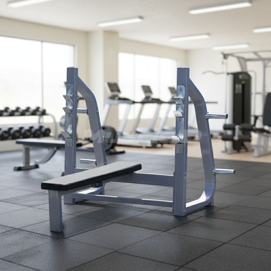 Muscle D Fitness Olympic Flat Bench - Muscle D Fitness - 11 Gauge Steel - Commercial Upholstery - Weight Storage Pegs