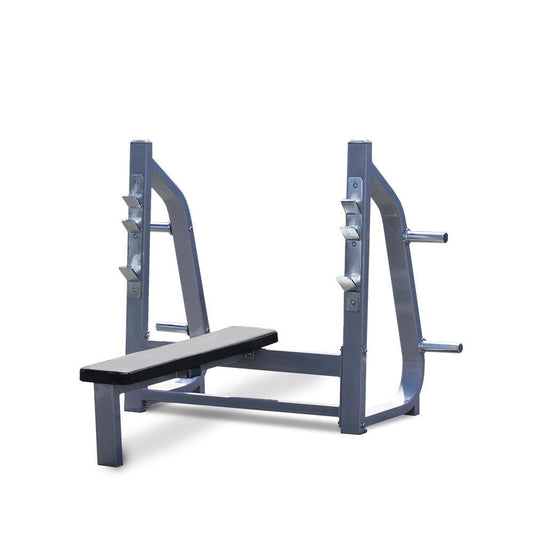 Olympic Flat Bench - Muscle D Fitness - 11 Gauge Steel - Commercial Upholstery - Weight Storage Pegs - Grit Grind Strength