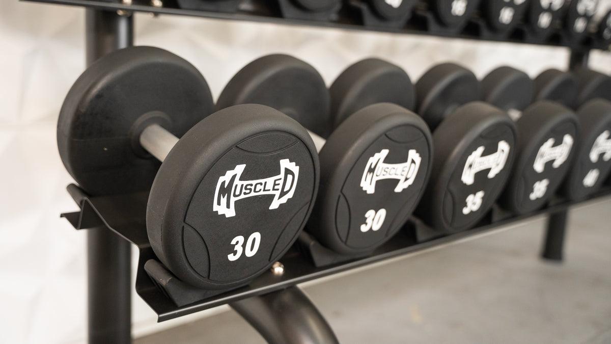 Pro Urethane Dumbbells - Muscle D Fitness - Quality Knurled Handles - Solid Design - Grit Grind Strength