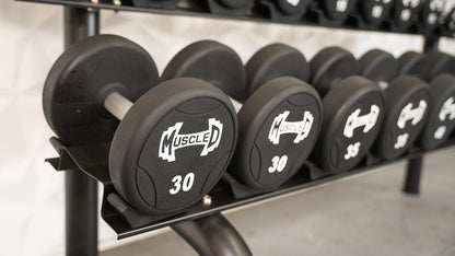 Pro Urethane Dumbbells - Muscle D Fitness - Quality Knurled Handles - Solid Design - Grit Grind Strength