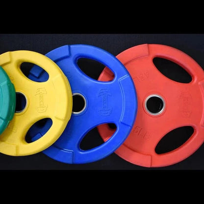RUBBER COATED COLORED OLYMPIC PLATES: Rubber Plates, per Pair - Muscle D Fitness - Weights Pairs - Grit Grind Strength