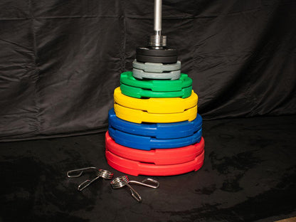 RUBBER COATED COLORED OLYMPIC PLATES: Rubber Plates, per Pair - Muscle D Fitness - Weights Pairs - Grit Grind Strength