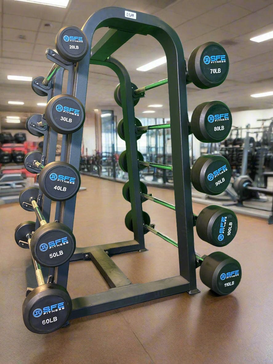 SFE Rubber Fixed Straight Barbell SET 20LBs - 110LBs with Rack (New) - Grit Grind Strength