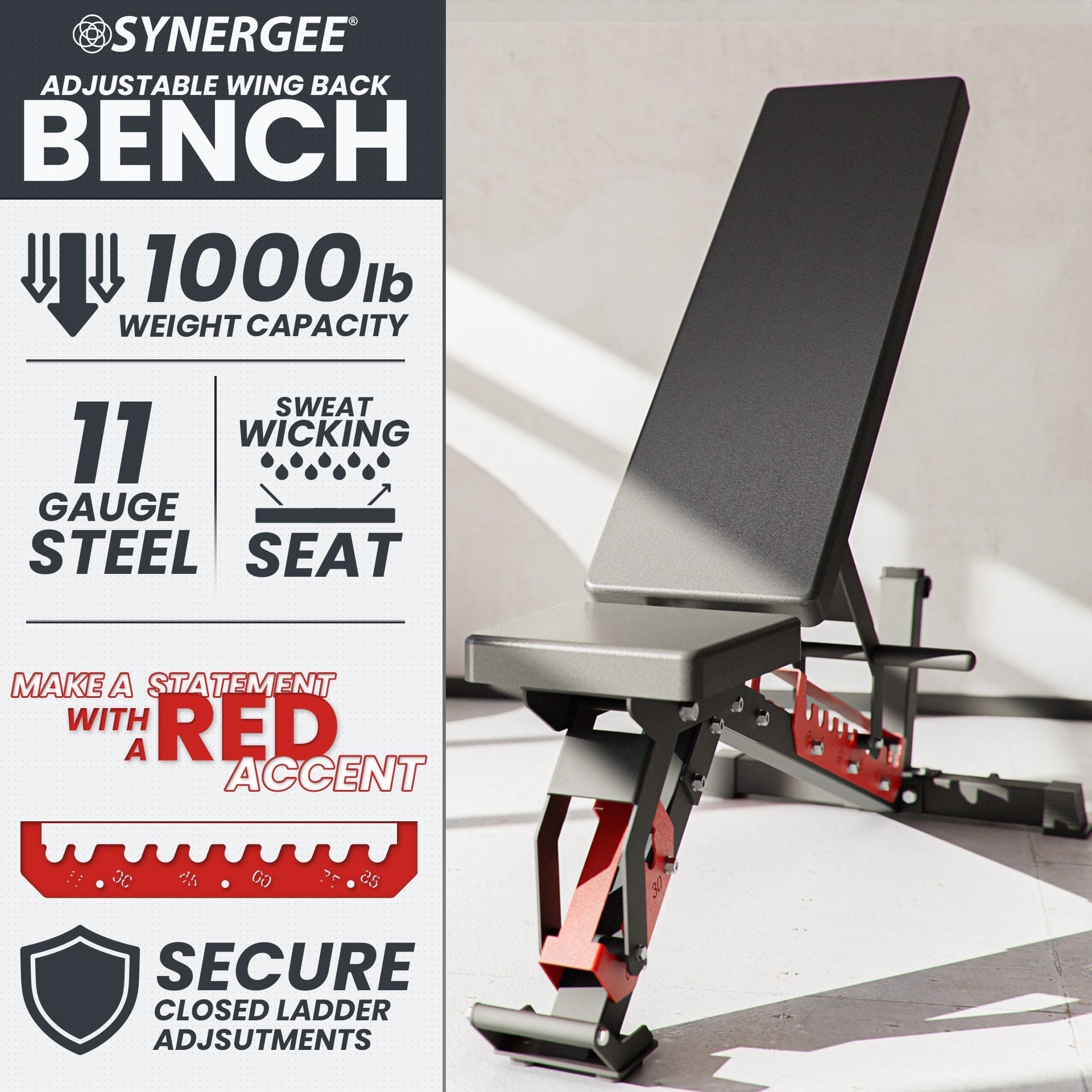 Synergee Adjustable Wing Back Bench - Grit Grind Strength