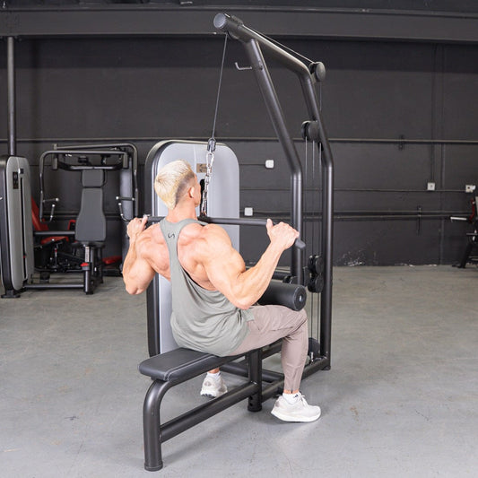 Vogue Lat/Low Row - Muscle D Fitness - Adjustable Seat - Pin Selectorized - Combo Back Machine - Grit Grind Strength