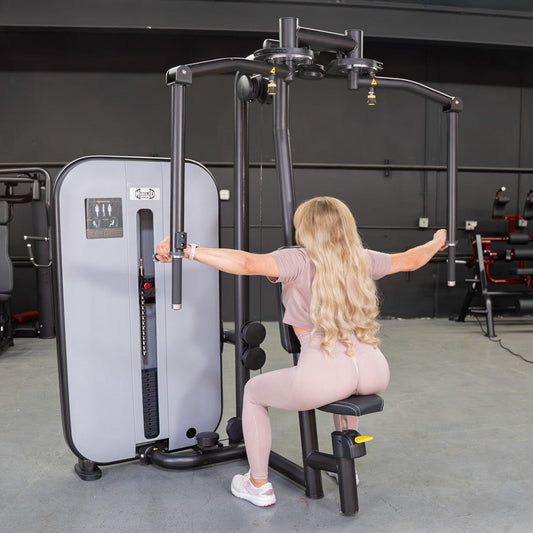 Vogue Pec Deck/Rear Delt - Muscle D Fitness - Adjustable Seat - Pin Selectorized - Chest Back Workout Combo - Grit Grind Strength