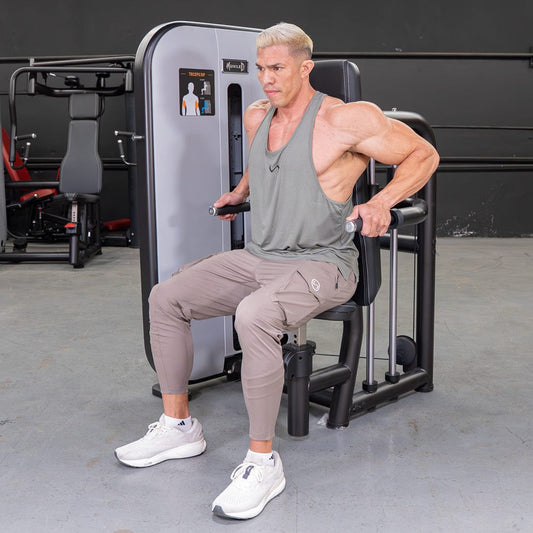 Vogue Triceps Press - Down - Muscle D Fitness - Adjustable Seat - Pin Selectorized - Arm Workout - Grit Grind Strength